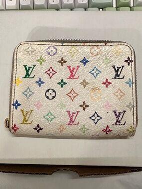 AUTHENTIC Louis Vuitton White Multicolor Murakami Monogram Compact Zip Wallet